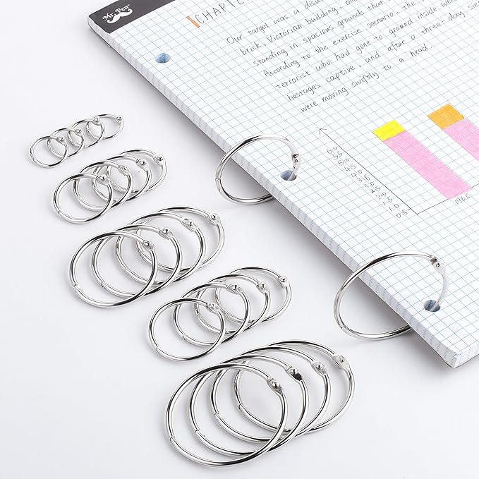 Mr. Pen- Loose Leaf Binder Book Rings, 5 Assorted Sizes (0.6", 1", 1.2", 1.5",2"), 36 Pack, Metal Binder Rings for Index Cards, Keychains, School, Home, Office, Silver