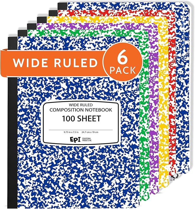 6 Pack - EPI Wide Ruled Marble Composition Notebook - Assorted Colors 200 Page Note Book - 9.75 x 7.5 Inch Hardcover Journal with Sewn Binding for Secure Pages - Classroom Back to School Supplies