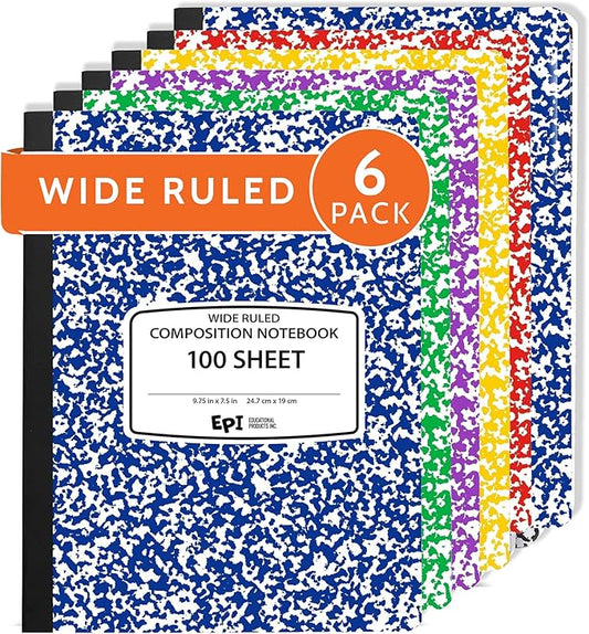 6 Pack - EPI Wide Ruled Marble Composition Notebook - Assorted Colors 200 Page Note Book - 9.75 x 7.5 Inch Hardcover Journal with Sewn Binding for Secure Pages - Classroom Back to School Supplies