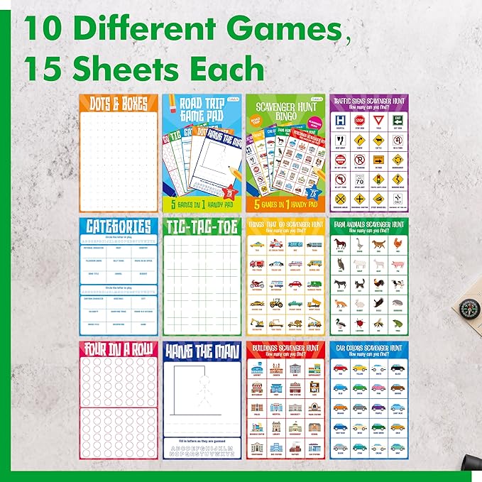 Gethelud 2 Pack Road Trip Game Pads, 10 Games (Categories, Dot & Boxes, Tic-tac-Toe, Scavenger Hunt Bingo), Pen Pencil Paper Game, Plane Trip/Car Travel/Getaway Activity Pad for Kid, Adult