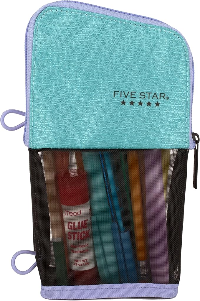 Five Star Pencil Pouch, Pen Case, Stand 'N Store Zipper Pouch, Fits 3-Ring Binder, Storage Organizer for School Supplies Earbuds Chargers Cables Makeup, Teal/Berry (500209F-ECM)