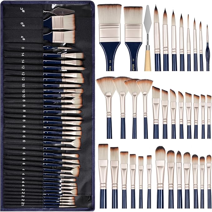 Nicpro 36 PCS Paint Brush Set, 9 Brush Types Professional Acrylic Paint Brushes with Cloth Roll and Gift Box, Suitable for Acrylic Painting, Oil, Watercolor, Gouache, Art Supplies for Artist Beginner