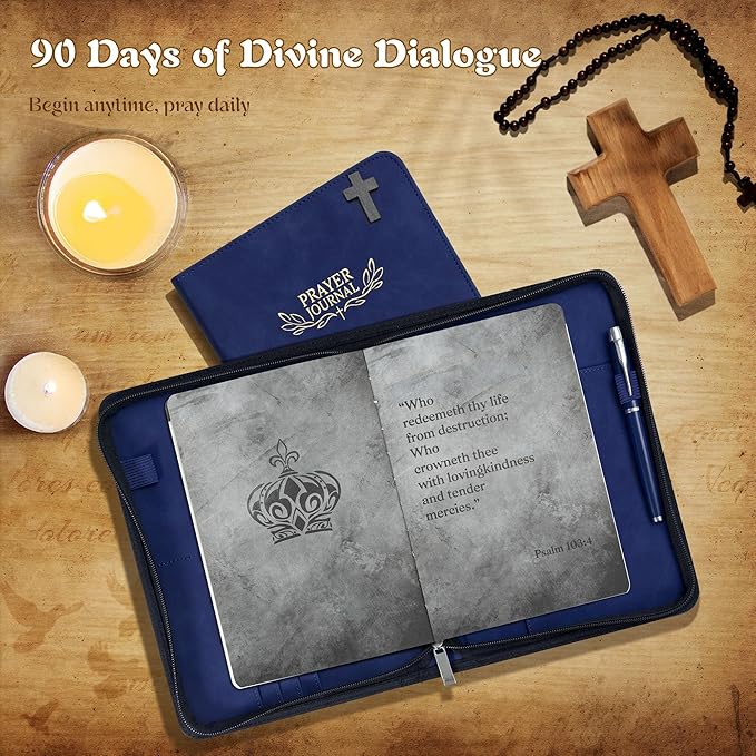 Ospelelf Prayer Journal Tracker Leather Christian Bible Zippered Notebook Daily Devotional Scripture Study Planner Gifts for Jesus Faith Believers Women Men Undated 3 Months Dark Bue