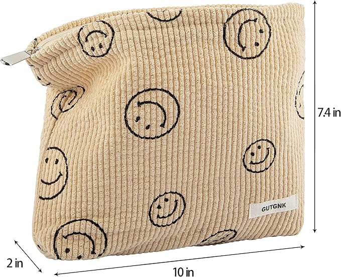 GUTGNK Makeup bag for Women, Corduroy Cosmetic Bag Aesthetic Design Ladies Tote Bag,Cute Smiley Face Makeup Organizer with Zipper - Khaki