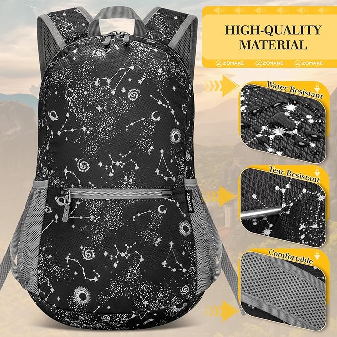 ZOMAKE Ultra Lightweight Hiking Backpack 20L, Packable Small Backpacks Water Resistant Daypack for Women Men(Starry sky print)