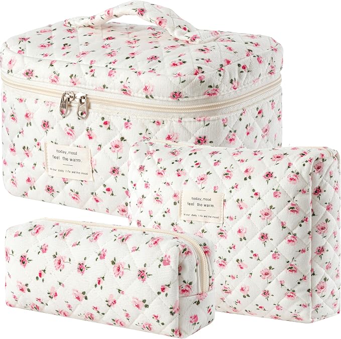 HBselect Quilted Makeup Bag, 3Pcs Cotton Large Travel Makeup Bags Organizer | Cute Floral Make up Bag Cosmetic Bag Toiletry Bag for Women Girls, Makeup Pouch for Skincare, Brushes & Travel Essentials