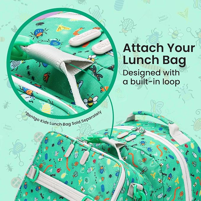 Bentgo Kids Backpack - Lightweight 14” Backpack in Fun Prints for School, Travel, & Daycare, Ideal for Ages 4+, Roomy Interior, Durable & Water-Resistant Fabric, & Loop for Lunch Bag (Bug Buddies)