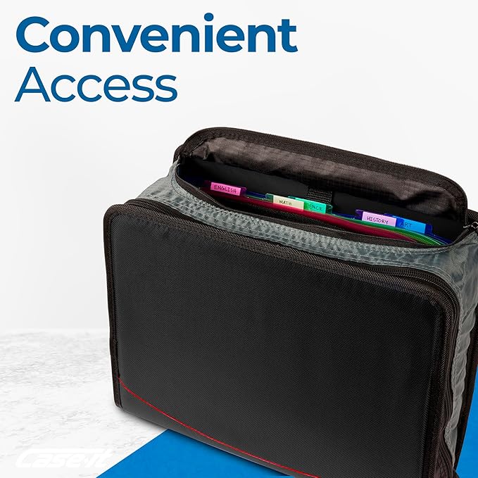 Case-it The Mighty Zip Tab Zipper Binder - 3 Inch O-Rings - 5 Color Tab Expanding File Folder - Multiple Pockets - 600 Sheet Capacity - Comes with Shoulder Strap - Jet Black D-156-N