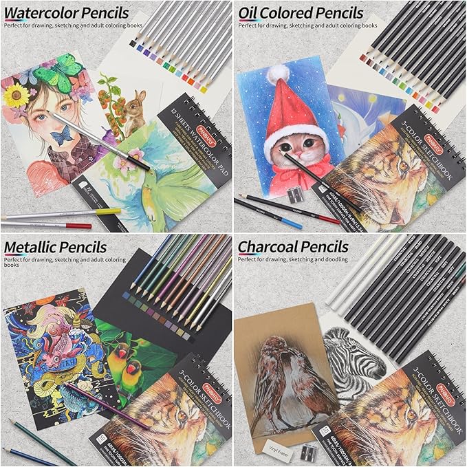 PANDAFLY 80 Drawing Sketching Kit Set - Pro Art Supplies with Sketchbook & Watercolor Paper - Include Tutorial,Pastel,Watercolor,Sketch,Colored,Metallic,Charcoal Pencils - for Beginners & Pro Artists