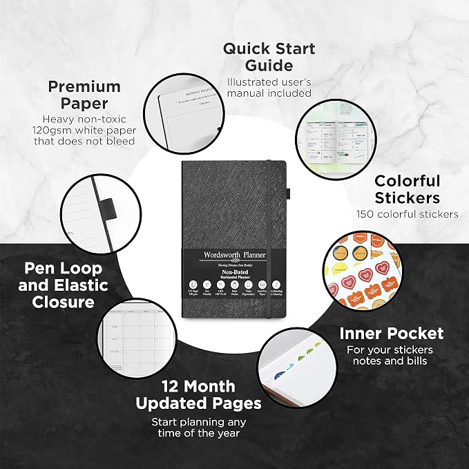 Wordsworth & Black A5 Undated Weekly, Monthly Planner, A5 Paper, Black