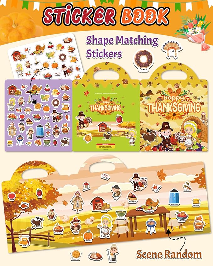 Benresive Reusable Sticker Book for Toddlers, Stickers for Kids, Travel Toys for Arts & Crafts Activities, Birthday Gift for Boys & Girls, Thanksgiving Themes