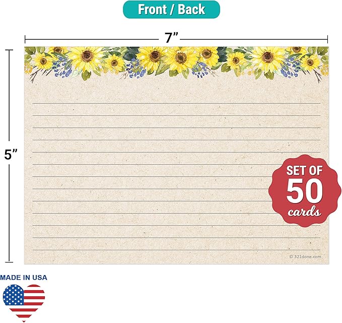 321Done Jumbo Sunflower Index Cards - Made in USA - Large Size 5x7 (Set of 50), Sun Flowers Rustic Kraft Tan College-Ruled Lined Notecards Double-Sided, Thick Heavy Duty Cardstock, Simple Lines, XL