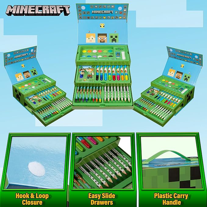 Minecraft Colored Pencils Art Supplies Set Crayons Watercolor Paints Colored Markers Coloring Drawing Kit Creeper Art Set Case Gamer Gifts for Boys
