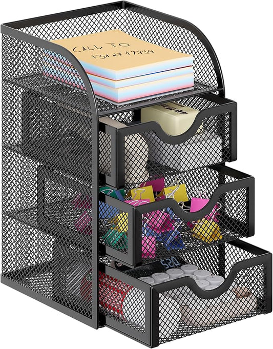 EasyPAG Mesh Desk Organizer with 3 Drawer Office Desktop Organizers and Accessories Stationery Caddy for Office, Home, Students, Black
