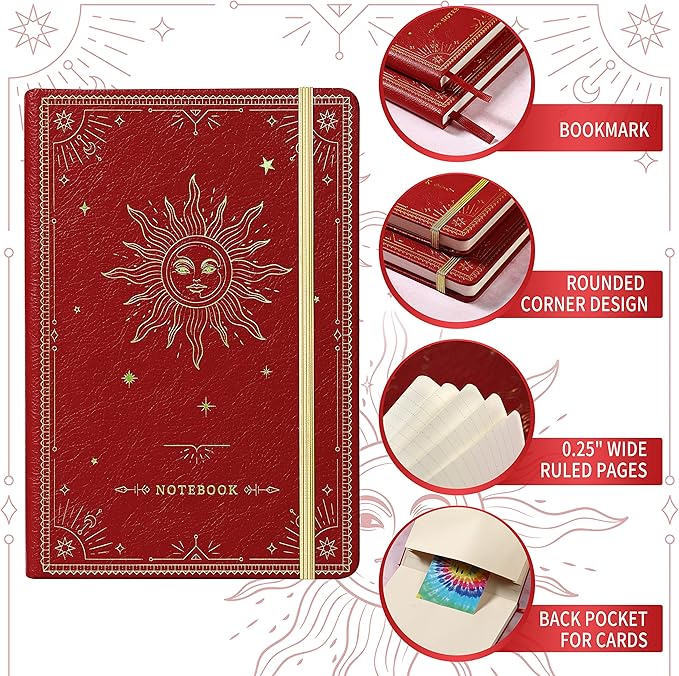 Artfan Ruled Notebook/Journal – Premium Thick Paper Faux Leather Classic Writing Notebook with Pocket + Page Dividers Gifts, Banded, Large, 144 Pages, Hard Cover, Lined (5.8 x 8.4) - Red