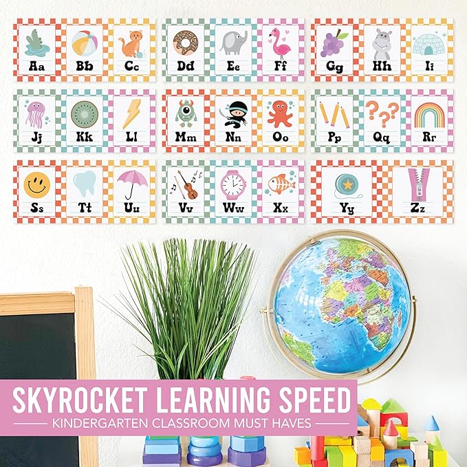 Hadley Designs Alphabet for Classroom Wall Decor - ABC Posters for Classroom Wall Chart Preschool & Kindergarten, ABC Letters & Number Line Elementary, Alphabet Cards, Retro Classroom Decor