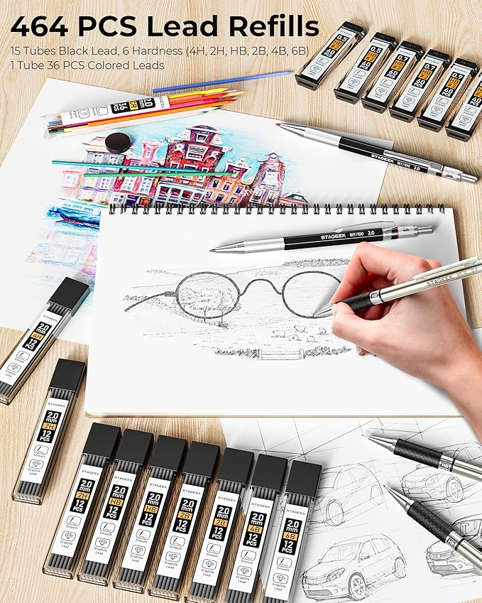 STAGEEK Drawing Pencil Set with Canvas Bag 30 Count, Mechanical Pencils 0.5, 0.7, 0.9MM & 3PCS 2MM Sketch Pencils with 464PCS Lead Refills (6B 4B 2B HB 2H 4H Color) for Artist Drafting Drawing