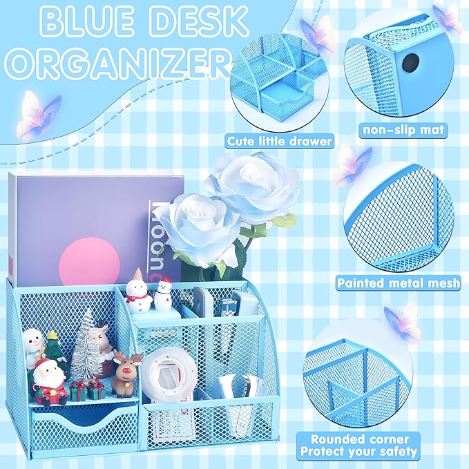 Blue Desk Accessories, 26Pcs Office Supplies and Desk Organizers, with Tape Dispenser, Stapler, Staple Remover, Ect, Gift Box Packaging