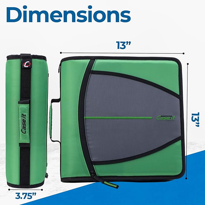 Case-it Mighty Zip Tab School Zipper Binder | 3-Inch O-Rings, 600-Sheet Capacity, 5-Subject Expanding File Folder, Multiple Pockets & Storage Organizer, Shoulder Strap | D-146 Canopy Green