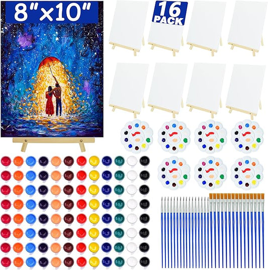 16 Pack 8x10 Inch Canvas and Easel Set, Sip and Paint Kit for Adults,Art Canvas Bulk with Easels Stands, Trays,Small Paint Brushes,12 Colors Mini Acrylic Paint Set for Couples and Party Supplies