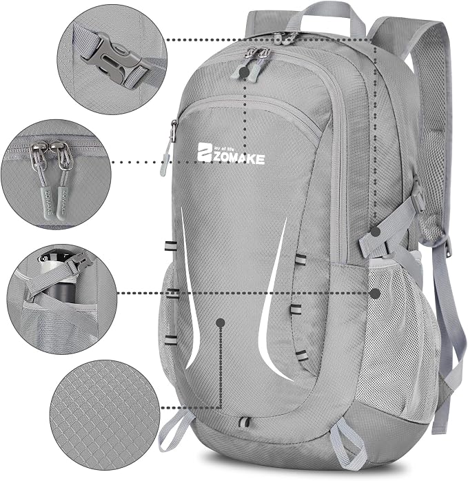 ZOMAKE Lightweight Packable Backpack 35L, Foldable Backpacks Water Resistant Collapsible Light Daypack for Hiking(Silver Grey) | Light Hiking Backpacks Water Resistant Collapsible Day Pack for Travel, Everyday Carry, Multi-Pocket Layout, Heavy Duty Nylon