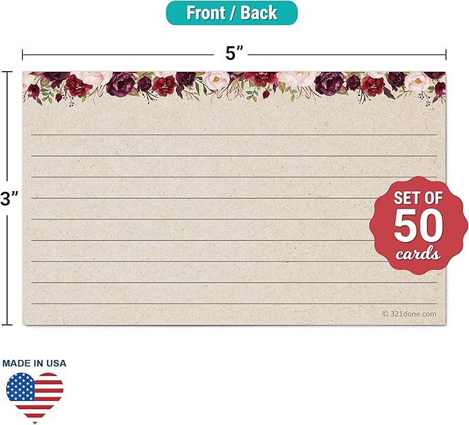 321Done Floral Ruled Index Cards - Made in USA - Small 3x5 (Set of 50), Narrow-Ruled Lined Notecards Double-Sided, Thick Heavy Duty Cardstock, Cute Pretty Flowers Red Roses Rustic Kraft Tan Notes