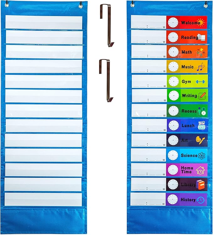Youngever Classroom Pocket Chart,13+1 Pocket, Daily Schedule Pocket Chart, 26 Double-Sided Reusable Dry-Eraser Cards (13 Color+13 Blank) Educational Charts for Classroom Office Home Preschool Activity