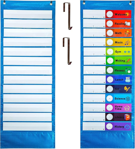 Youngever Classroom Pocket Chart,13+1 Pocket, Daily Schedule Pocket Chart, 26 Double-Sided Reusable Dry-Eraser Cards (13 Color+13 Blank) Educational Charts for Classroom Office Home Preschool Activity