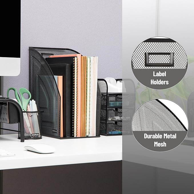 Mind Reader Vertical File Organizers, Desktop File Holders for Folders, Magazines, and Paperwork, Workspace Organizer, Metal Mesh, Set of 2, Black