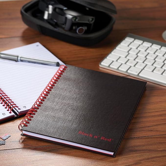 Black n' Red Notebook, Business Journal, 8-1/4" x 5-1/4", 70 Sheets, Ruled, Optik Paper, Scribzee App, Hardcover, Wirebound, Black (L67000)