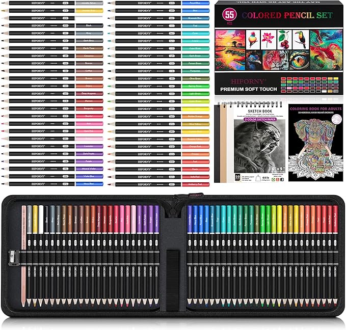 HIFORNY 55PCS Colored Pencils Set for Adults – 50 Soft Core Colored Pencils with Sketchbook, Coloring Book, Blender, Sharpener & Color Chart – in Gift Box & Zipper Case
