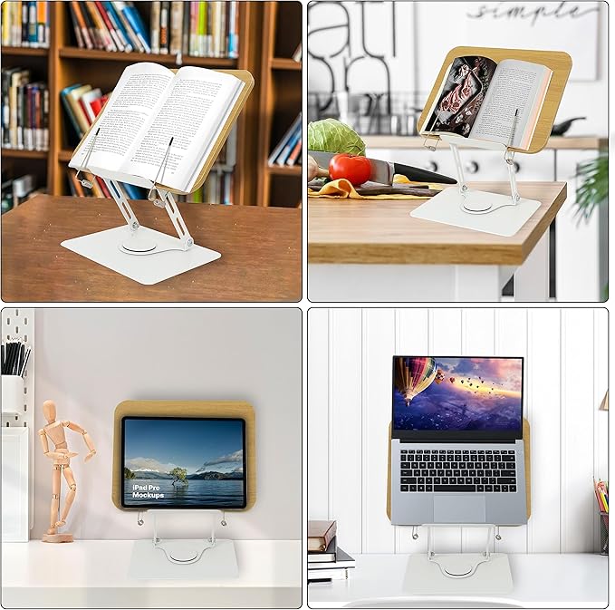 Book Stand for Reading,360°Rotating Base Book Holder for Reading Hands Free,Cookbook Stand,Wooden Panel Aluminium Base Stand for Cookbook,Laptop,Textbook