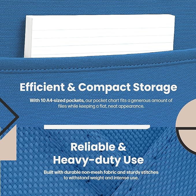 Hippo Creation Heavy Duty Storage Pocket Chart for Classroom, 10 Pocket Storage Organizer with 3 Over-Door Hangers, Hanging Wall Organizer for File Folders, School Mailbox, Home Office Papers - Blue