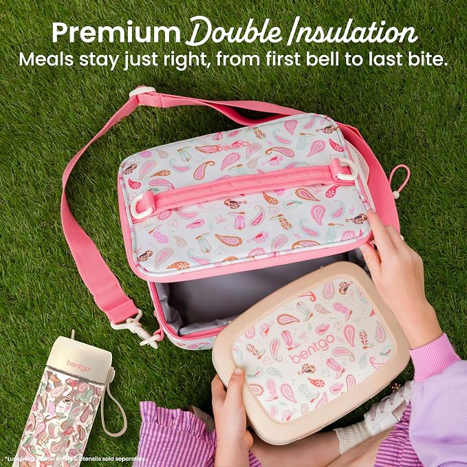 Bentgo Kids Prints Double-Insulated Reusable Lunch Bag | For Kids 3+, Adjustable Strap; Holds Lunch Box/Water Bottle/Snacks; Easy-Clean, Water-Resistant, Pockets (NEW Cowgirl Dreams)