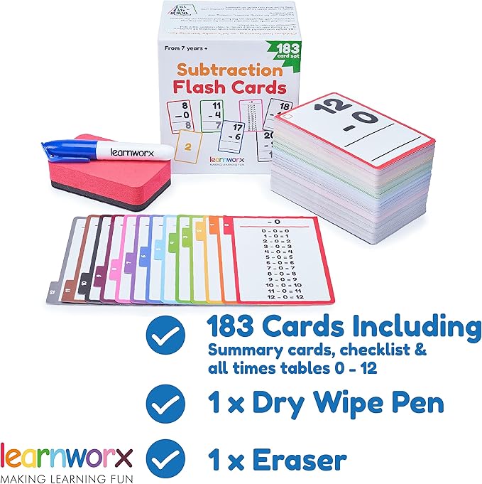 Subtraction Flash Cards 1st Grade 2nd 3rd 4th – 183 Math Flashcards – All Facts 0-12 - Learn Subtraction for Kids - Maths Flashcards from Kindergarten to Ages 6, 7, 8, 9 & 10