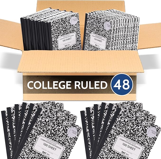 48 Pack - EPI College Ruled Composition Notebook Black - 200 Pages (100 Sheets), 9-3/4 x 7-½ - Classroom Back to School Supplies, Heavy Duty, Durable Hardcover Office Notebooks, Sewn
