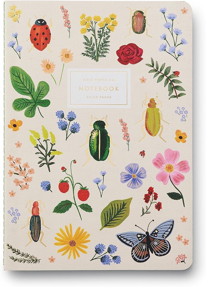 RIFLE PAPER CO. Curio Stitched Notebook Set, Assorted Set of 3 Colorful Notebooks, 64 Ruled Pages with Gold Ink, Full Color Canvas Cover with White Text Paper Interior (6" W × 8.5" L)