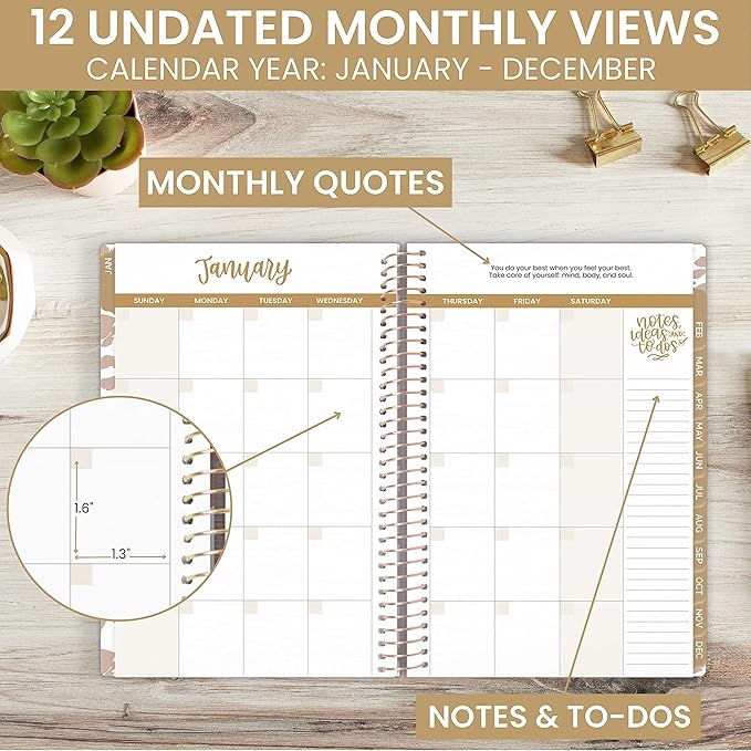 bloom daily planners UNDATED Calendar Year Day Planner - Passion/Goal Organizer - Start Anytime Monthly/Weekly Agenda Book with Tabs (January to December) - 5.5" x 8.25" - Tan Leopard
