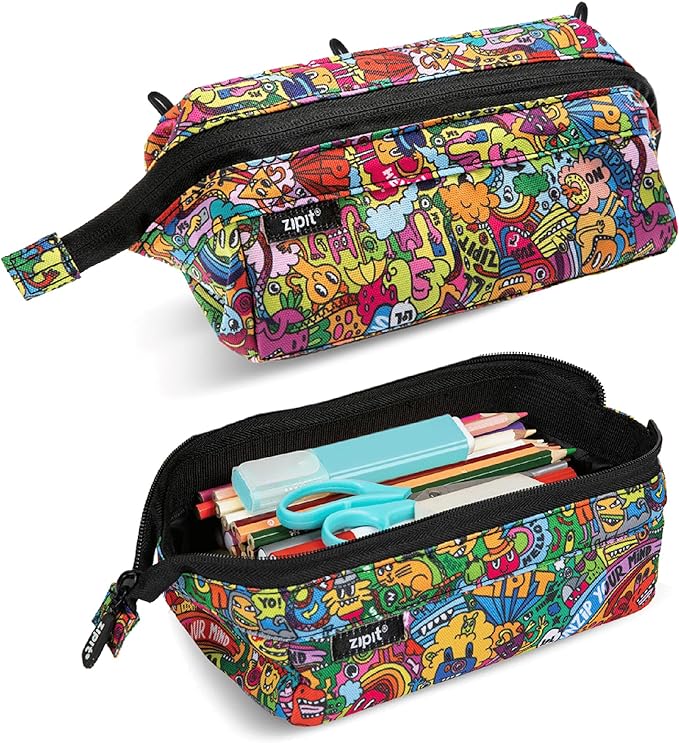 ZIPIT: Lenny Pencil Case - Doodles - Large Storage Capacity Zipper Pouch, Makeup-Stationery Bag, School-Travel, Washable Polyester, Kids-Teens-Adults