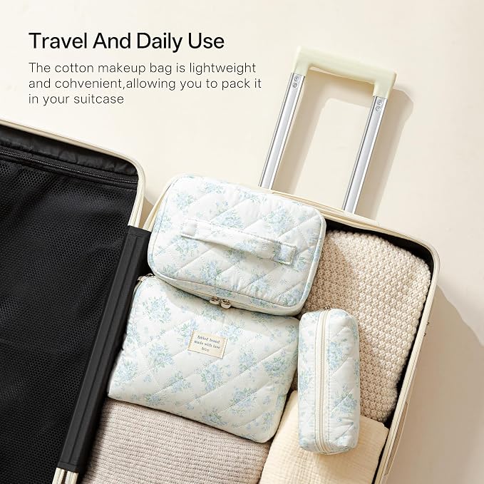 HBselect Quilted Makeup Bag, 3Pcs Cotton Large Travel Makeup Bags Organizer | Cute Floral Make up Bag Cosmetic Bag Toiletry Bag for Women Girls, Makeup Pouch for Skincare, Brushes & Travel Essentials