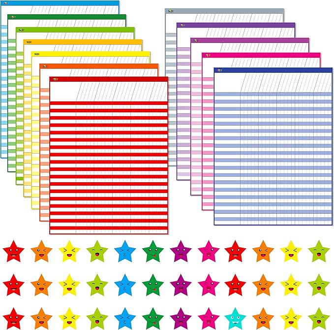 12 Pack Multi-Color Dry Erase Incentive Chart/Chore/Responsibility/School Attendance/Homework Progress Tracking Chart with 2112 Reward Star Stickers, (17" x 22.5")