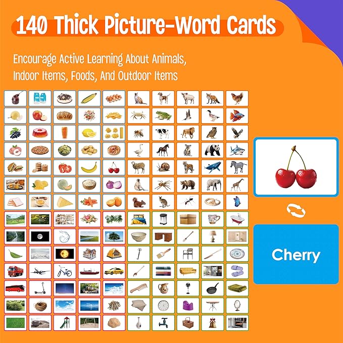 140 Noun Picture-Word Cards, Picture Flashcards Language Builder Visual Aid Speech Development Tool for Autism, ESL Teaching Materials for Adults, Non-Verbal Children Vocabulary Builder for Toddlers