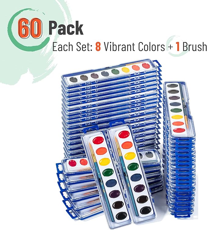 Mr. Pen- Washable Watercolors, 60 Pack, 8 Colors with Paint Brush, Bulk Watercolor Paint Set, Water Color Painting Kids, Watercolors for Kids and Adults