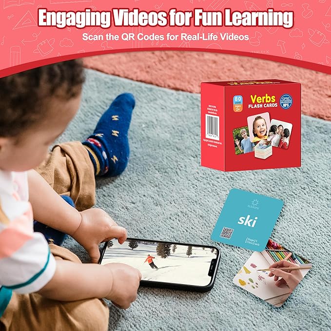 80 Verb Cards Speech Therapy, Videos for Fun Learning, Sturdy and Durable Action Verbs Flash Cards for Kids, Speech Therapy Materials for Autism Non Verbal Autistic Kids Ages 4-8