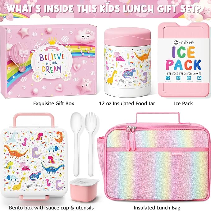 Fimibuke Kids Bento Snack Lunch Box with 4 Compartment, Insulated Lunch Bag, Stainless Steel Vacuum Thermo Food Jar, Ice Pack, Utensils Set, Birthday Gifts for Age 3-12 Back to School Toddler Girl Boy