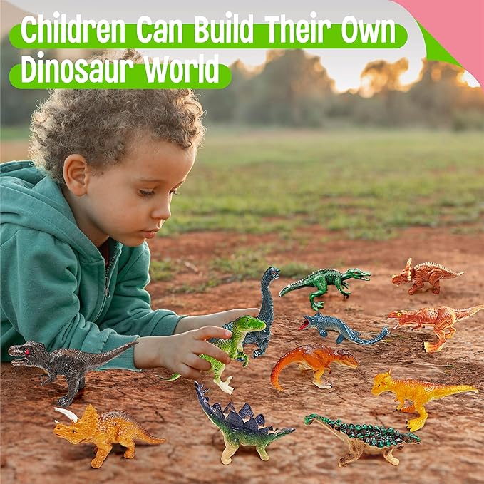 12 Dinosaur Figurines for Kids, Plastic Animal Toys Tiny Portable Dinosaur Figures Playset Montessori Toy Educational Game for Homeschool Preschool Toddler Kids