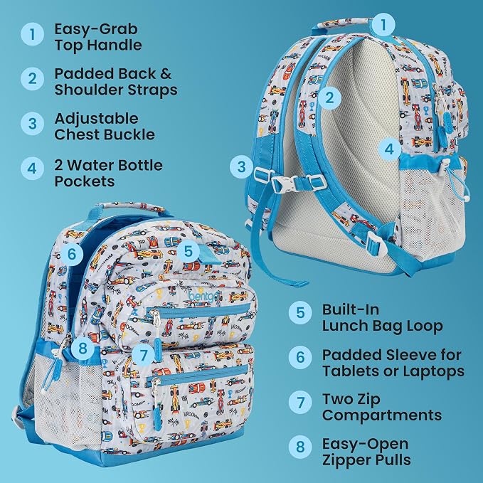 Bentgo Kids Print Backpack - Lightweight 14” Backpack for School, Travel & Daycare, Ideal for Ages 4+, Durable & Water-Resistant, Roomy Interior, & Loop for Lunch Bag (NEW Race Cars)