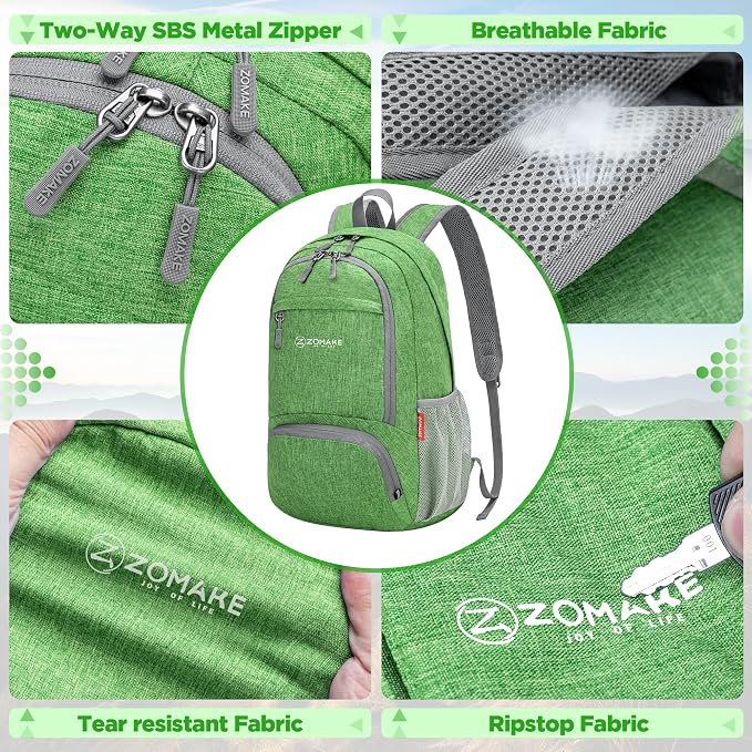 ZOMAKE Lightweight Packable Backpack, 25L Small Foldable Daypack for Hiking | Water Resistant Collapsible Backpacks for Women Men, Everyday Carry, Multi Compartment Storage, Adjustable Strap(Dark Green)