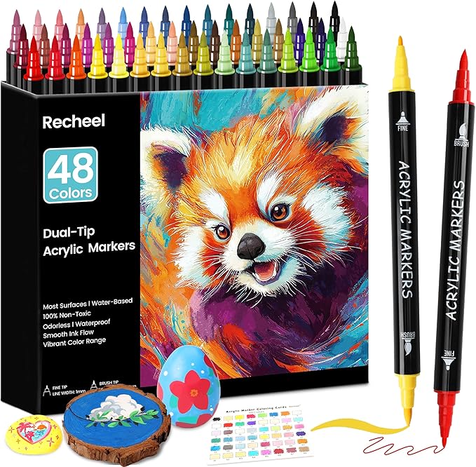 Recheel 48 Colors Acrylic Paint Markers, Dual Tip with Precision Fine Tip and Versatile Brush Tip Pens for Creative DIY, Crafting, Stone, Wood, Canvas, Glass, Metal, and More