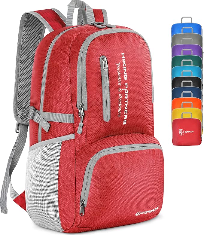 ZOMAKE Lightweight Packable Backpack, Water Resistant Foldable Daypack 35L | Light Hiking Backpacks Collapsible Day Pack for Travel, Everyday Carry, Multi Compartment Storage, Adjustable Strap (Red)